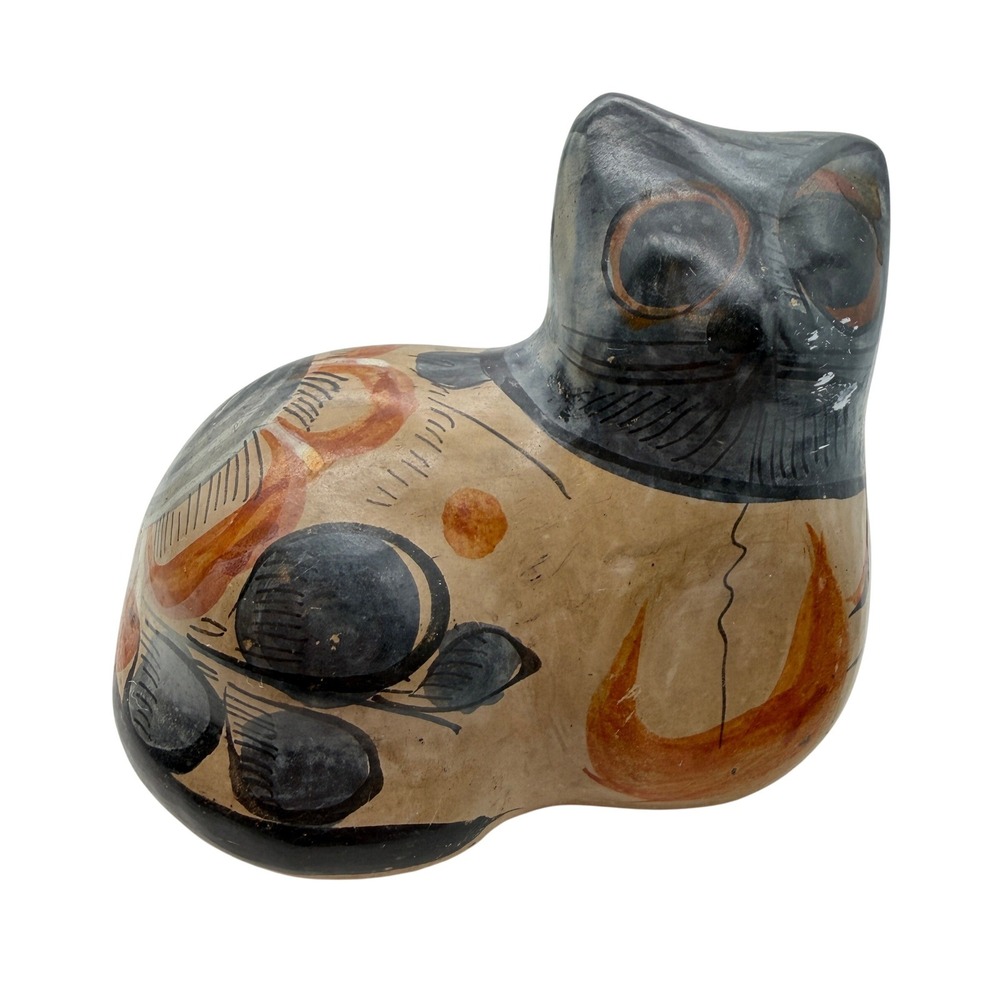 VTG Tonala Cat Figurine Hand Painted  Mexican Folk Art Pottery Signed Mexico